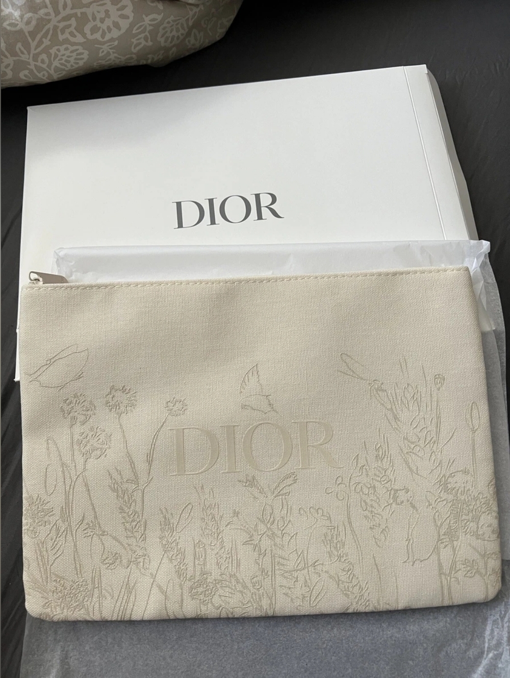 Dior Beige Floral Embroidered Zip Makeup Beauty Pouch